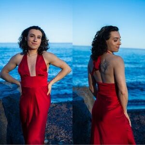 Elegant Red Satin Halter Dress